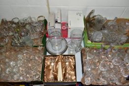 EIGHT BOXES OF CUT CRYSTAL AND GLASSWARE, to include several sets of etched glasses, cocktail/