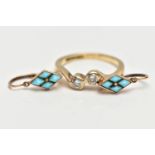 A 9CT GOLD DIAMOND RING AND TURQUOISE EARRINGS, a two stone diamond cross over ring, approximate