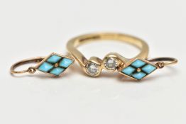 A 9CT GOLD DIAMOND RING AND TURQUOISE EARRINGS, a two stone diamond cross over ring, approximate