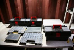 A CLARKE ALUMINIUM TOOL CASE, three plastic tool boxes and 4 hardware cases