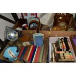 FOUR BOXES OF BOOKS, EPHEMERA, A SIGNED FOOTBALL AND HOUSEHOLD SUNDRIES, to include eleven