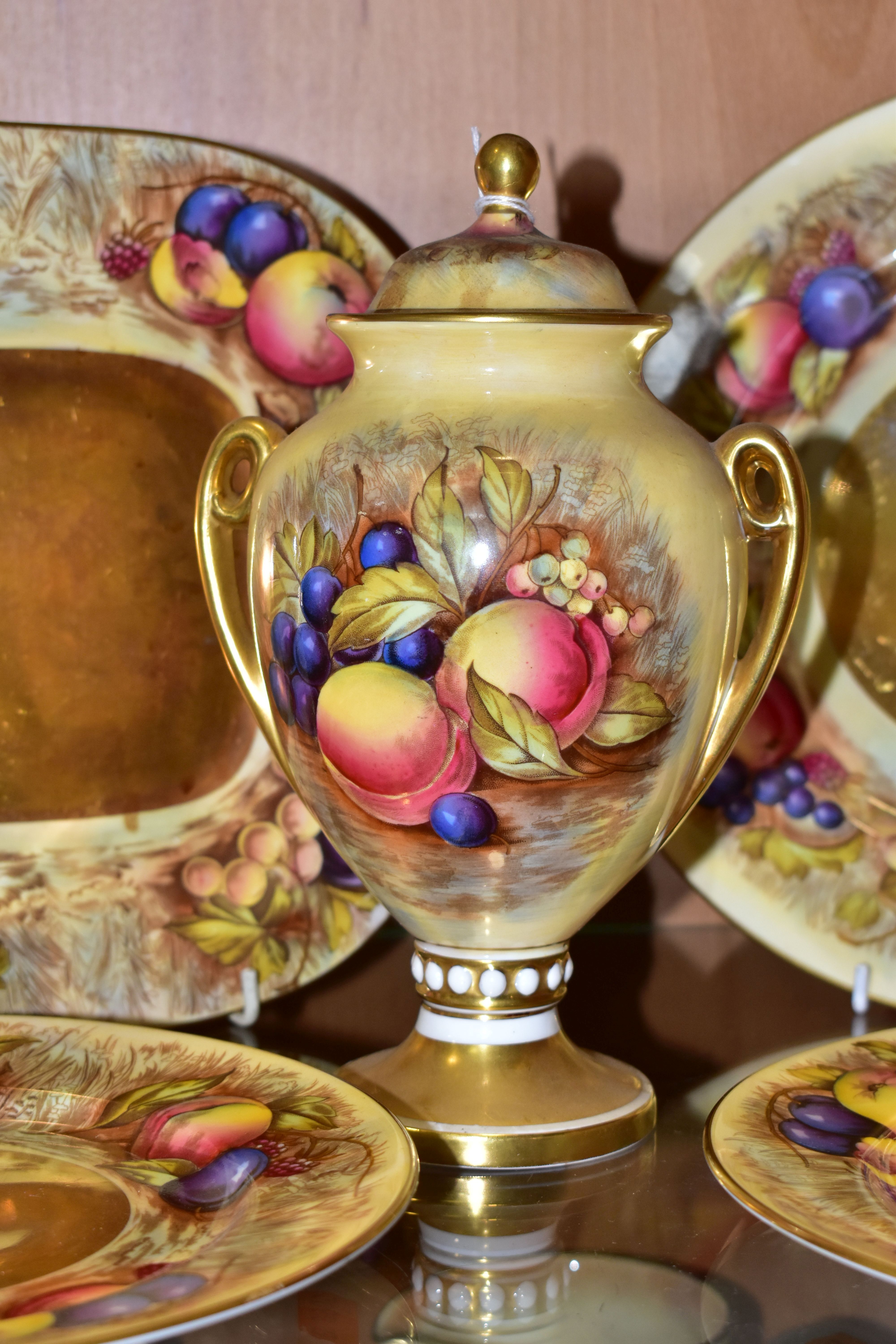 FIVE PIECES OF AYNSLEY FRUIT PATTERN CHINA, bearing D. Jones signatures, comprising a twin handled - Image 8 of 8