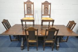 AN FRENCH BRETON DRAW LEAF DINING TABLE, on a trestle base and stretcher, extended length 260cm x