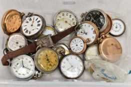 A BOX OF ASSORTED POCKET WATCHES, WRISTWATCHES AND WATCH PARTS, to include an AF silver open face