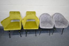 A PAIR OF GREEN MMILO ARMCHAIRS, a pair of grey tub chairs, and a table with metal legs (4)