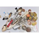 AN ASSORTMENT OF COSTUME JEWELLERY, CUTLERY AND COINS, to include an Edwardian silver teaspoon