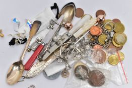 AN ASSORTMENT OF COSTUME JEWELLERY, CUTLERY AND COINS, to include an Edwardian silver teaspoon
