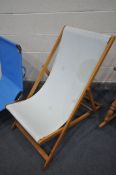 A FOLDING PINE DECK CHAIR, and a metal framed folding sun lounger (condition:-good condition) (2)