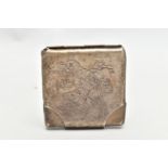 A WHITE METAL CIGARETTE CASE, of a rounded square form, engraved bird with nest detail to the front,