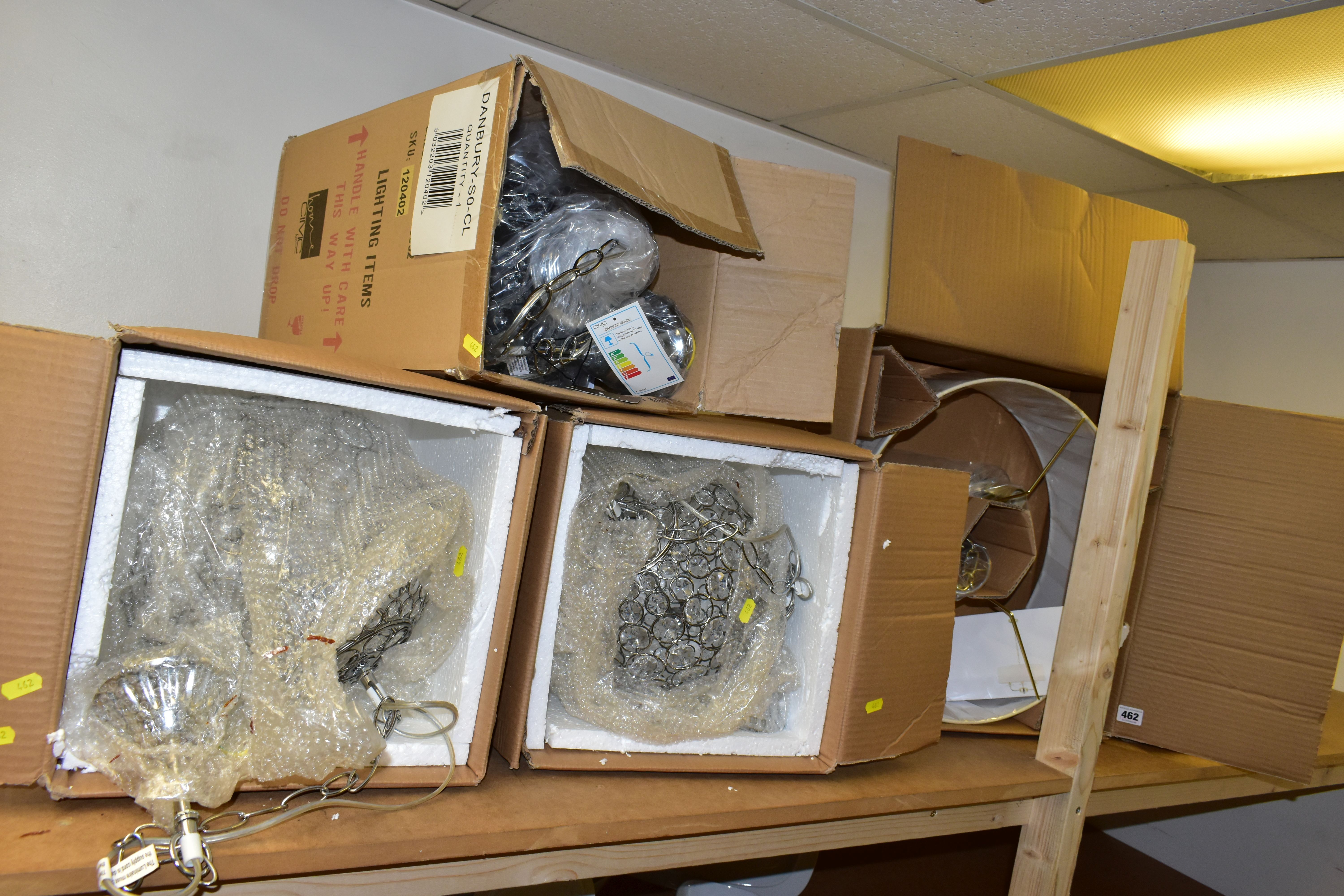 FIVE BOXED NEW AND UNUSED CEILING LIGHTS, comprising two matching chrome and crystal spherical light