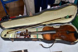 A 'HOPF' BRANDED VIOLIN, with bow and case (both case and instrument require restoration