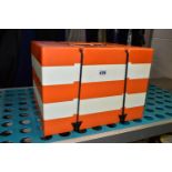 A V.W CAMPER PICNIC SET, a Pac-A-Pic Preci-Ware four person orange and white stacking picnic set,