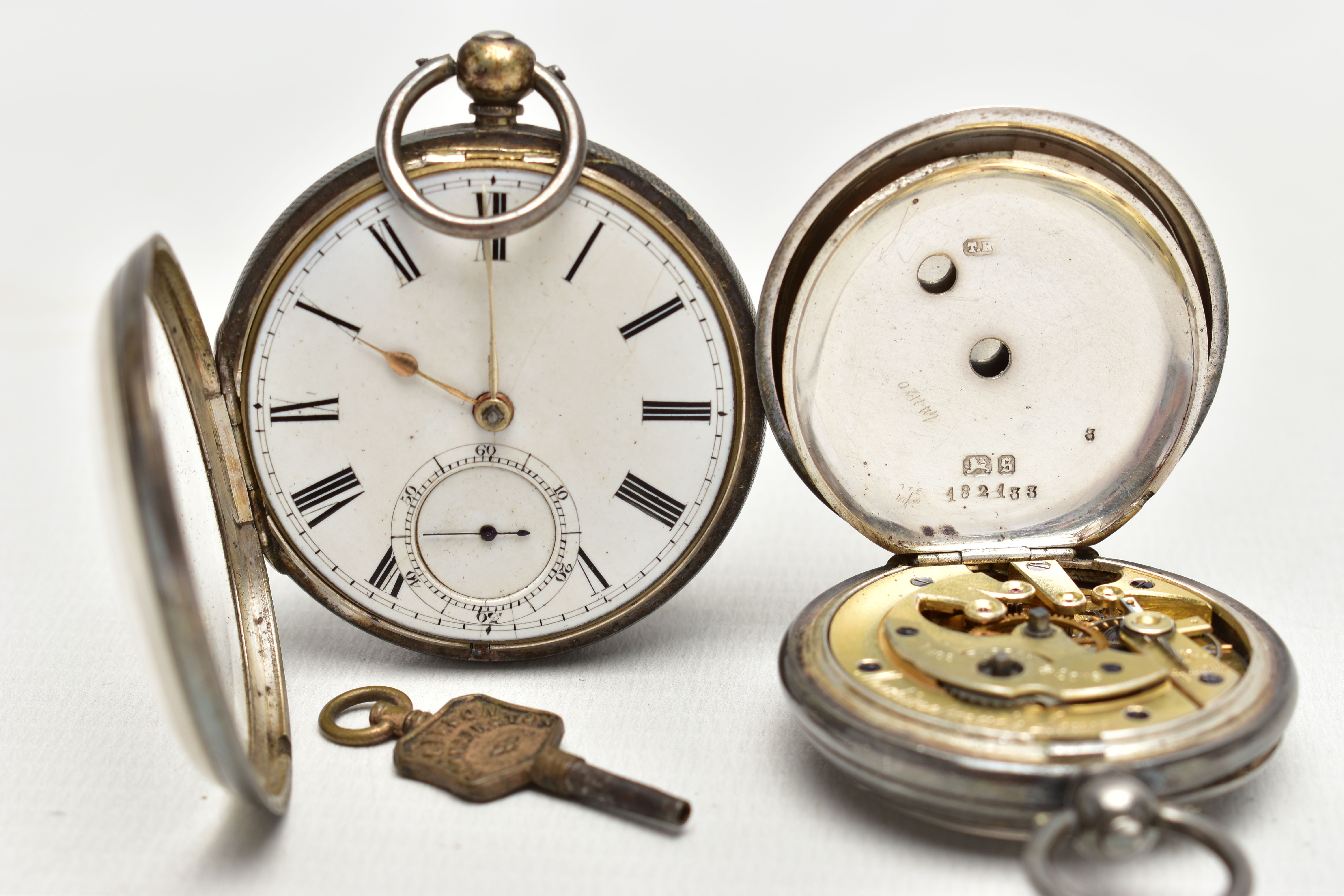 TWO OPEN FACE POCKET WATCHES AND WATCH KEY, the first a silver open face pocket watch, key wound, - Image 4 of 6