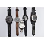 A COLLECTION OF FIVE FASHION WATCHES, to include an 'Armani Exchange' wristwatch, on stainless steel
