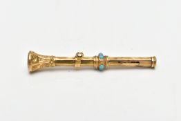 A VICTORIAN YELLOW METAL MINIATURE PROPELLING PENCIL, decorated with a floral engraving and