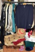 FIVE BOXES, TWO SUITCASES AND ONE RAIL OF VINTAGE CLOTHING, comprising approximately forty items