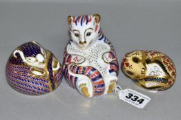 THREE ROYAL CROWN DERBY PAPERWEIGHTS, all with gold stoppers, comprising Tiger Cub with date code