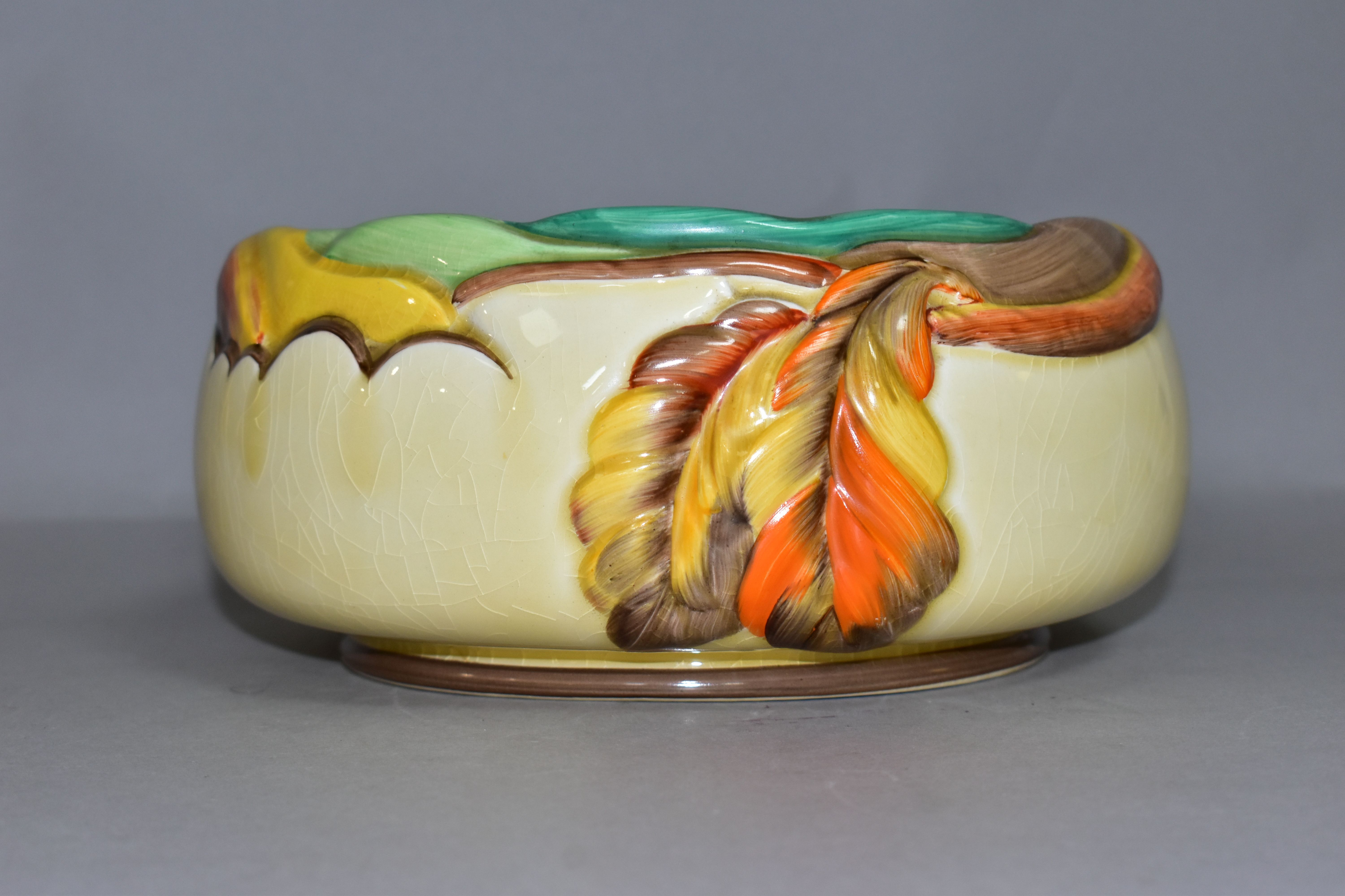 A CLARICE CLIFF FOR NEWPORT POTTERY FRUIT OR SALAD BOWL MOULDED WITH AUTUMNAL LEAVES, printed marks, - Image 3 of 5