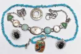 A SELECTION OF JEWELLERY, to include a turquoise bead necklace fitted with a colourful multi stone