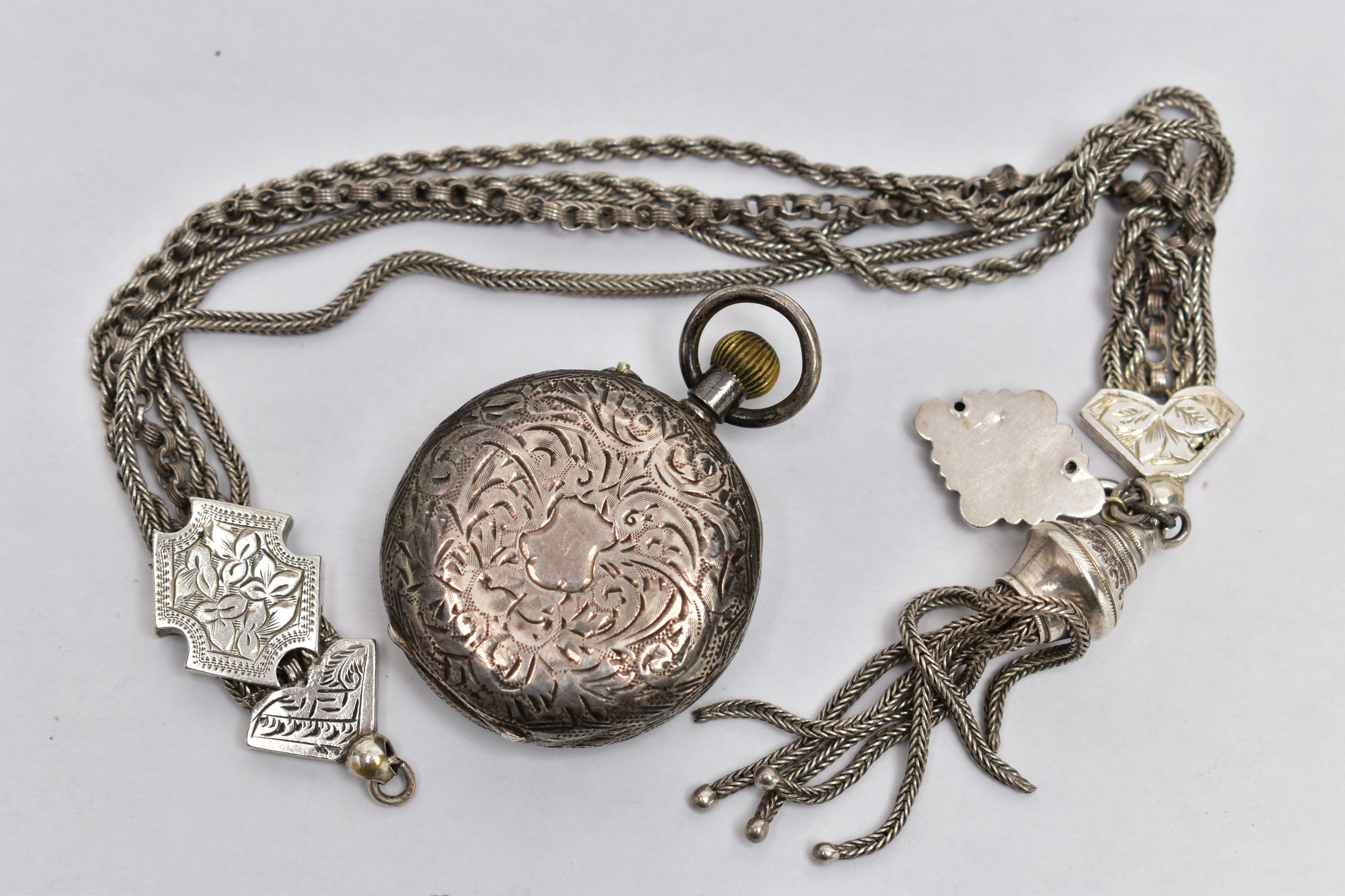 A SMALL OPEN FACE POCKET WATCH AND ALBERTINA, the manual wind pocket watch with round white dial, - Image 2 of 4