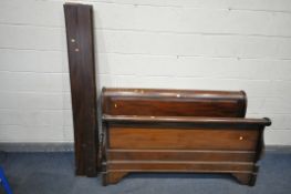 A MAHOGANY 5ft SLEIGH BED, with siderails, no slats (condition - some losses, dusty)