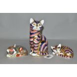 THREE ROYAL CROWN DERBY PAPERWEIGHTS, comprising Cat, a second with silver stopper, a Catnip Kitten,