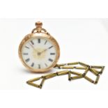 A 14CT GOLD OPEN FACE POCKET WATCH, manual wind, white dial, Roman numerals, yellow gold case,