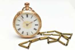 A 14CT GOLD OPEN FACE POCKET WATCH, manual wind, white dial, Roman numerals, yellow gold case,