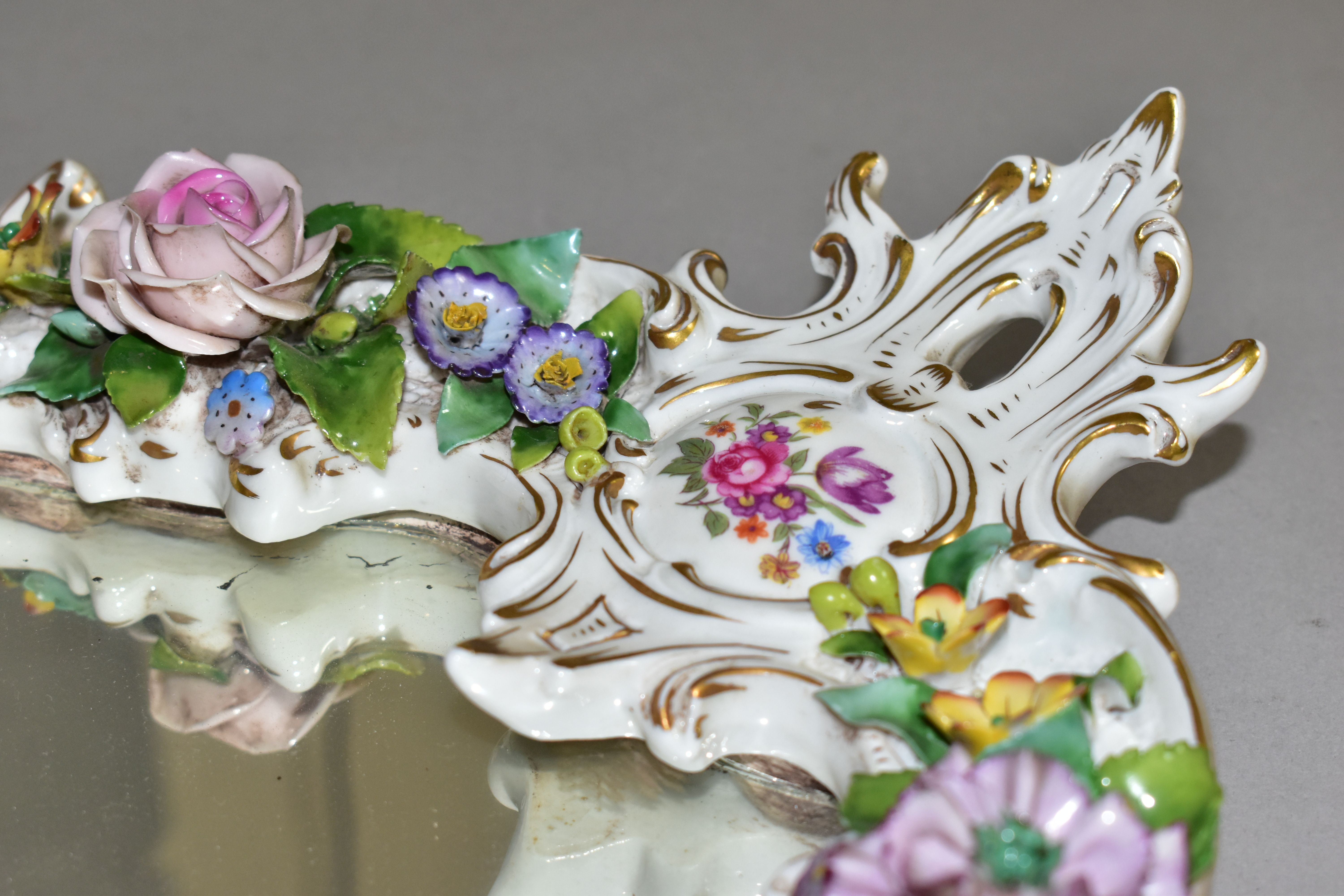 A MID 20TH CENTURY CAPODIMONTE FLORAL ENCRUSTED PORCELAIN FRAMED MIRROR, Rococo style frame, the - Image 13 of 15