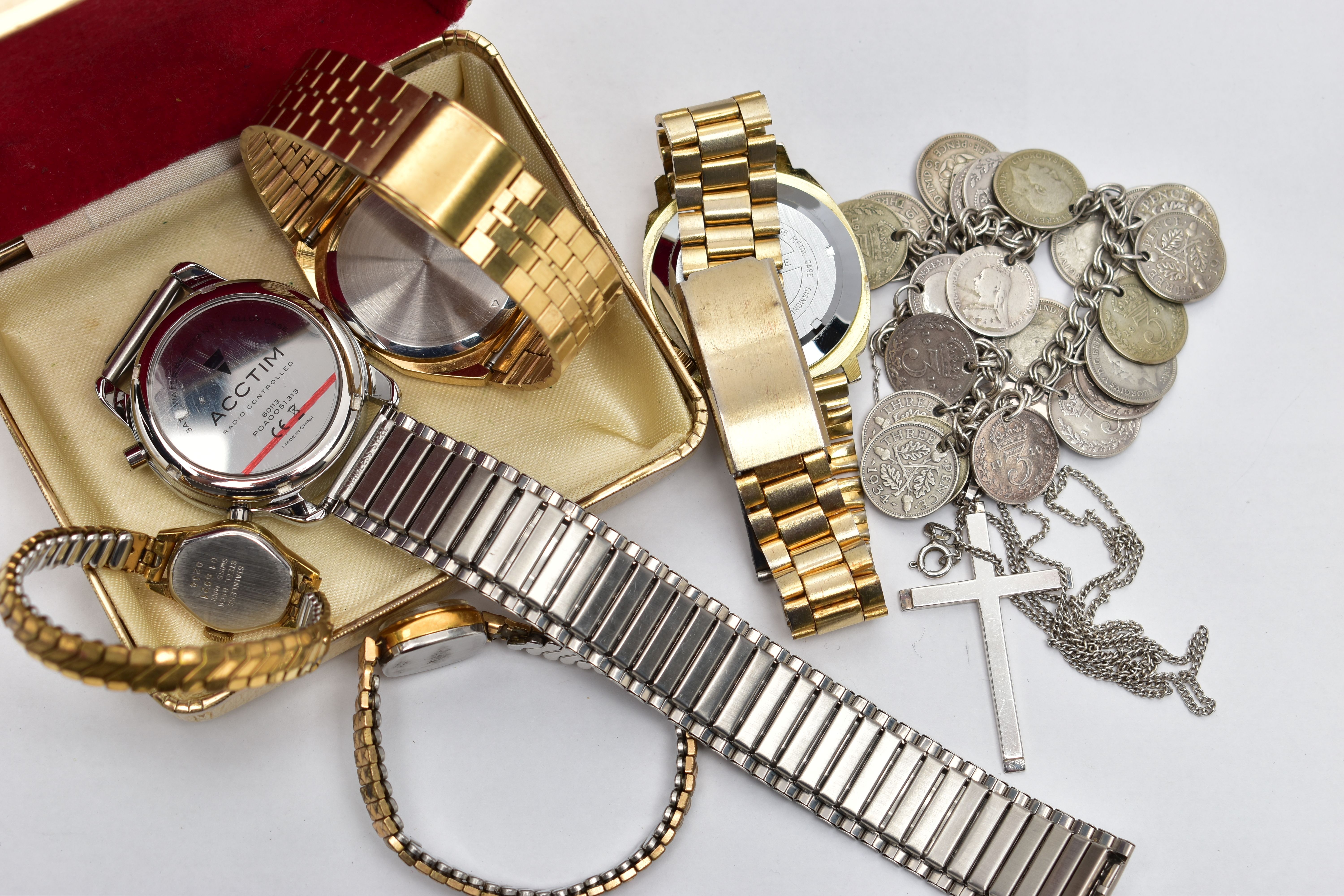 A SELECTION OF STAINLESS STEEL WATCHES, JEWELLERY AND A CHARM BRACELET, the watches with names to - Image 4 of 4