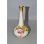 A ROYAL WORCESTER BLUSH IVORY BUD VASE OF ONION FORM, hand painted with sprays of roses, shape no.