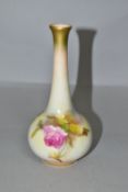 A ROYAL WORCESTER BLUSH IVORY BUD VASE OF ONION FORM, hand painted with sprays of roses, shape no.