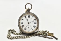 AN EARLY 20TH CENTURY SILVER OPEN FACE POCKET WATCH AND ALBERT CHAIN, the key wound pocket watch