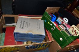 THREE BOXES OF BOOKS AND PLAYING CARDS, TOGETHER WITH TWO SUITCASES, to include approximately twenty