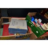 THREE BOXES OF BOOKS AND PLAYING CARDS, TOGETHER WITH TWO SUITCASES, to include approximately twenty