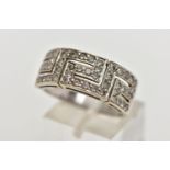 AN 18CT WHITE GOLD DIAMOND RING, Greek key pattern set with round brilliant cut diamonds,