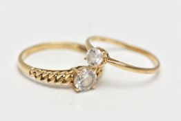 TWO 14CT GOLD RINGS, the first a yellow gold tapered chain link style ring set with a single