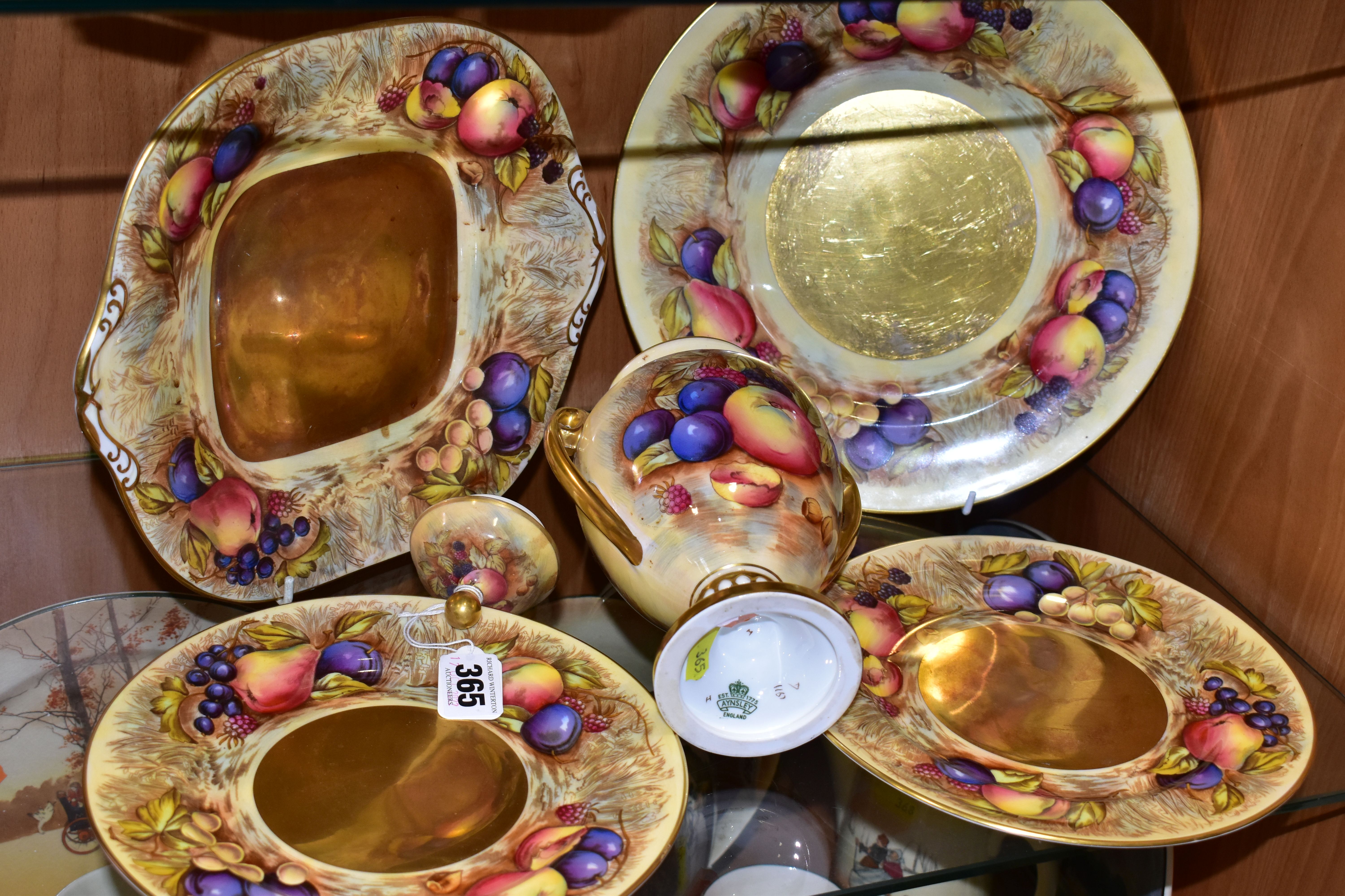 FIVE PIECES OF AYNSLEY FRUIT PATTERN CHINA, bearing D. Jones signatures, comprising a twin handled - Image 7 of 8