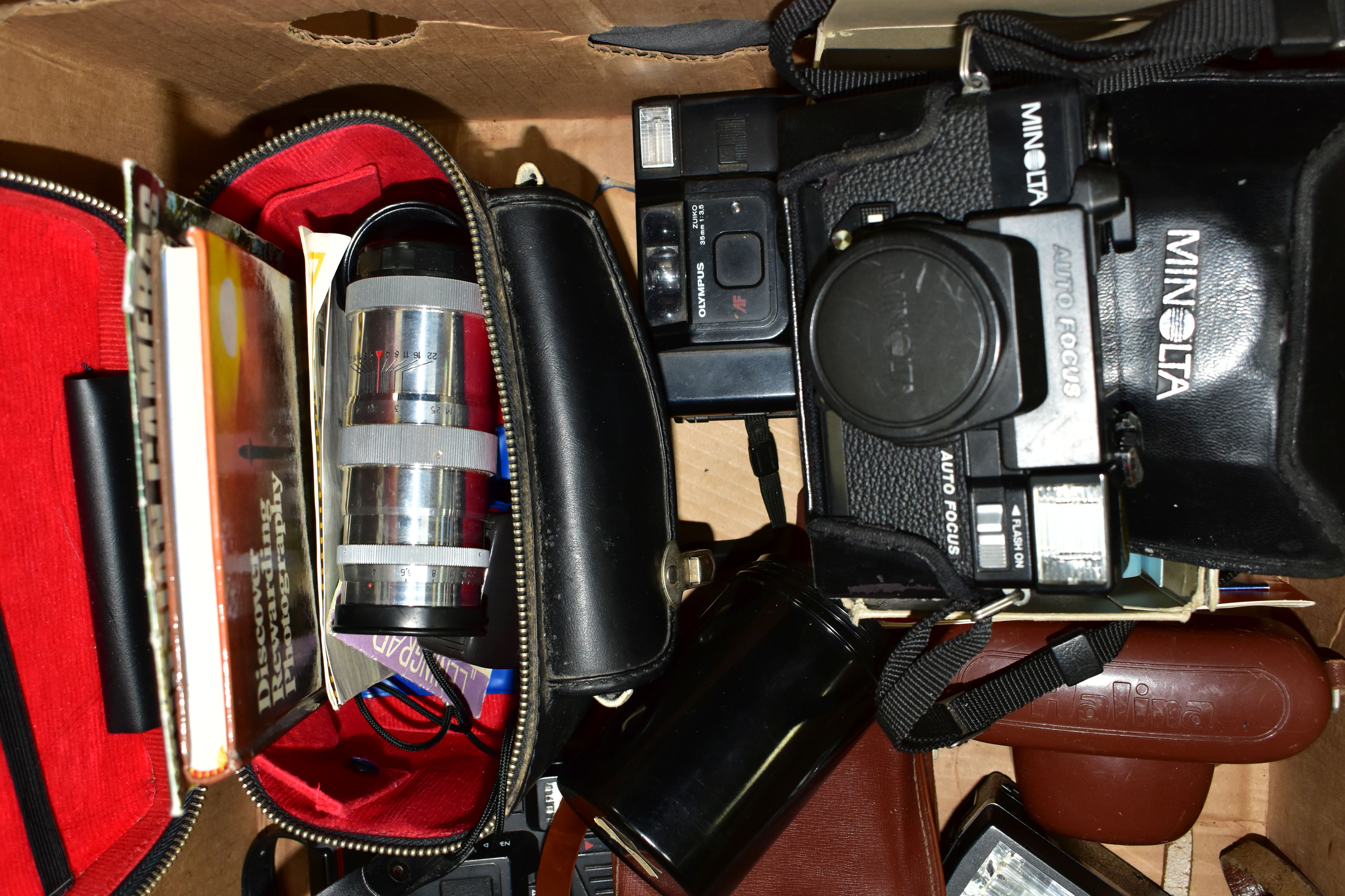 ONE BOX OF ASSORTED CAMERAS, to include a USSR Zorki-4 camera with a Jupiter 8 lens, in a black - Image 2 of 3