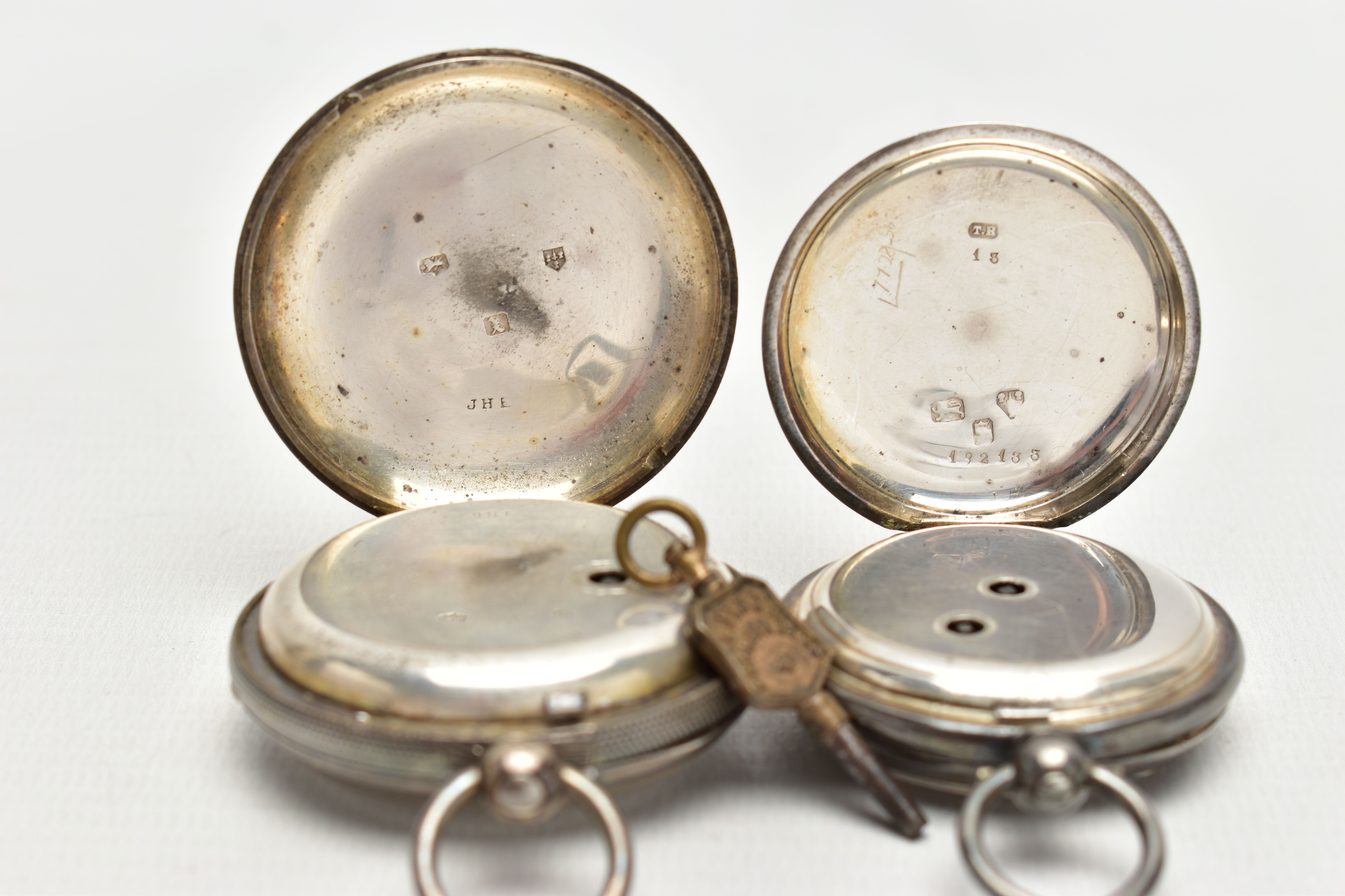 TWO OPEN FACE POCKET WATCHES AND WATCH KEY, the first a silver open face pocket watch, key wound, - Image 3 of 6