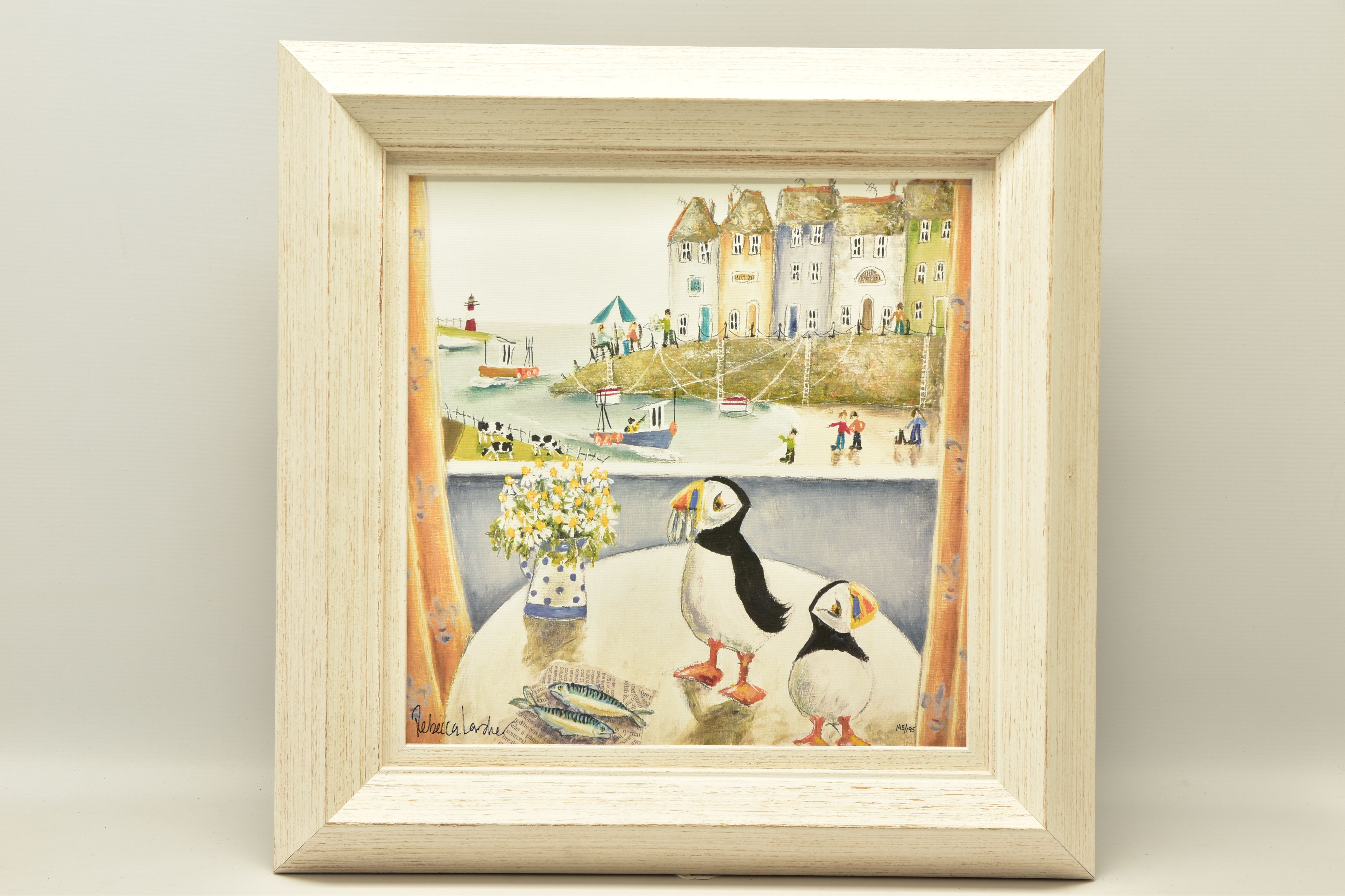 REBECCA LARDNER (BRITISH 1971) 'BREAKFAST TABLE', a signed limited edition print depicting puffins