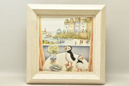 REBECCA LARDNER (BRITISH 1971) 'BREAKFAST TABLE', a signed limited edition print depicting puffins