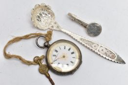 A SILVER NAPKIN CLIP, POCKET WATCH AND SPOON, the first a silver napkin clip, hallmarked 'Hugh