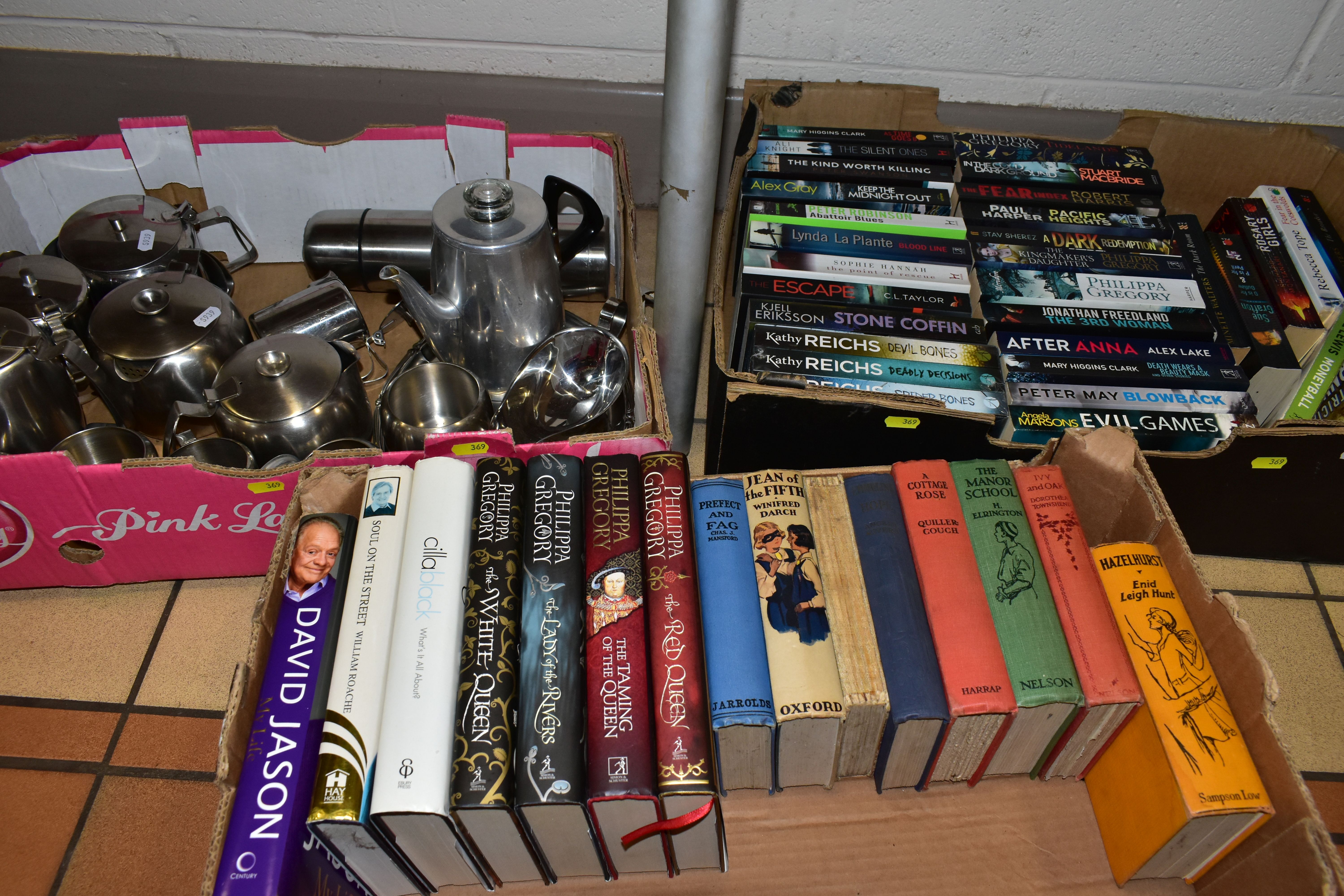 A BOX OF STAINLESS STEEL TEA WARES, ETC AND TWO BOXES OF HARDBACK AND PAPERBACK BOOKS, forty six