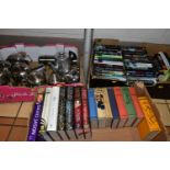 A BOX OF STAINLESS STEEL TEA WARES, ETC AND TWO BOXES OF HARDBACK AND PAPERBACK BOOKS, forty six