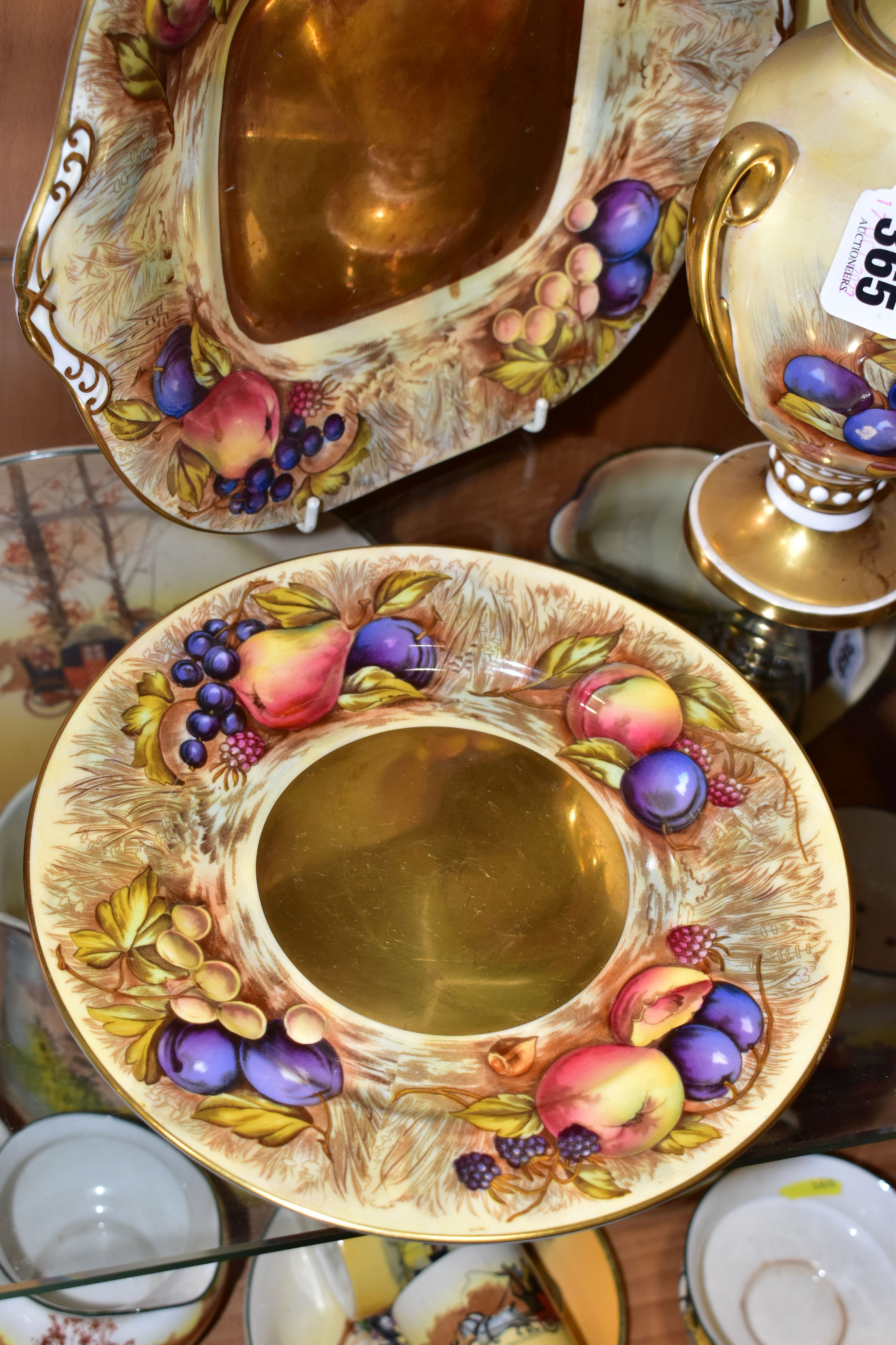 FIVE PIECES OF AYNSLEY FRUIT PATTERN CHINA, bearing D. Jones signatures, comprising a twin handled - Image 2 of 8