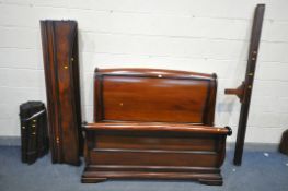 A MAHOGANY 4FT6 SLEIGH BED, with side rails and slats (condition - slight scratches)