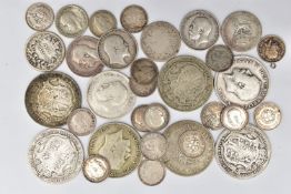 A SMALL QUANTITY OF SILVER COINS, to include seven George V Half Crown coins dates 1915, 18, 20, 22,