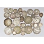 A SMALL QUANTITY OF SILVER COINS, to include seven George V Half Crown coins dates 1915, 18, 20, 22,