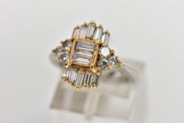 A MODERN DIAMOND CLUSTER RING, set with two principal baguette cut diamonds, graduating baguette cut